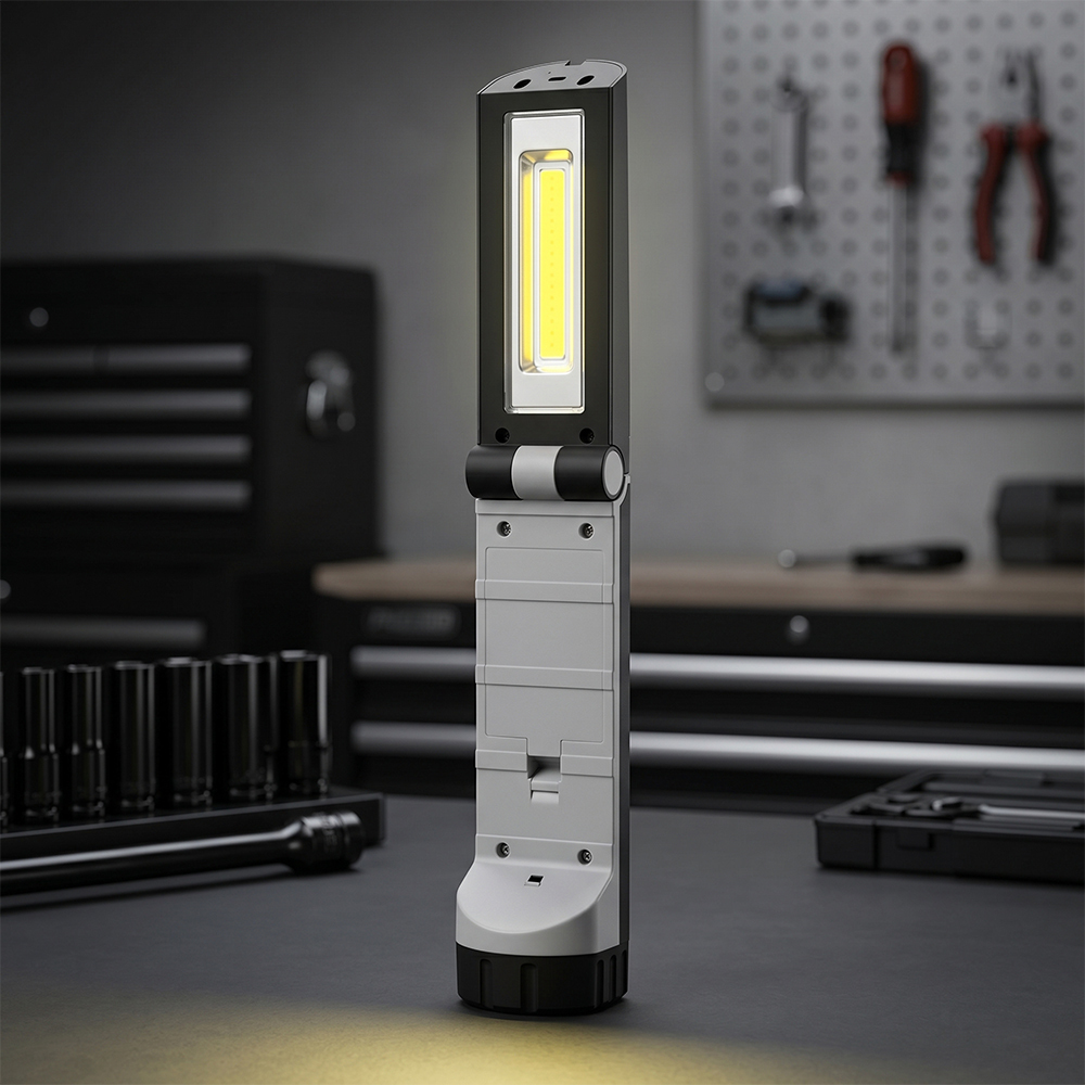 A battery-powered LED work light stands vertically on a dark workshop workbench while casting a bright white beam forward.