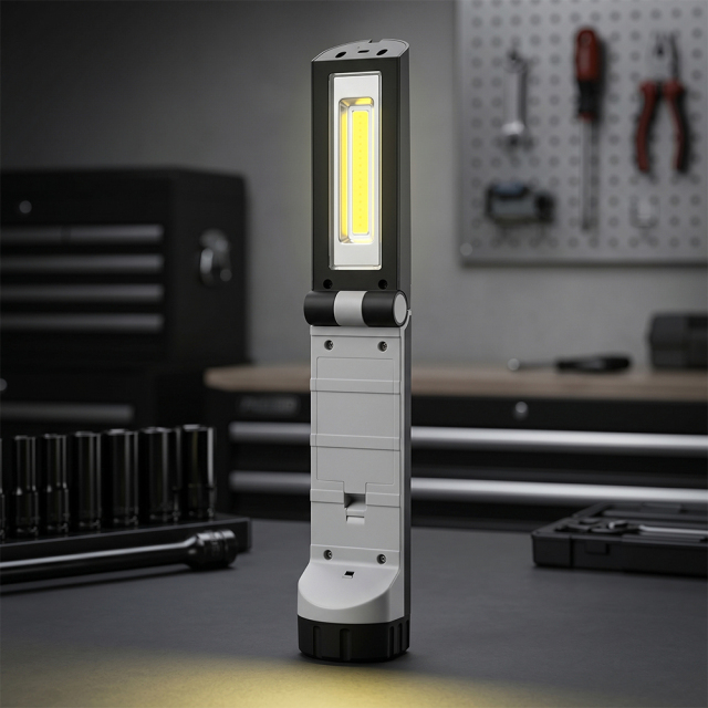 A battery-powered LED work light stands vertically on a dark workshop workbench while casting a bright white beam forward.