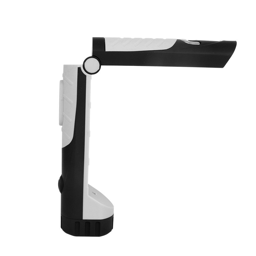 Side profile view of the folding LED work light with its top light head bent forward at a 90-degree angle.