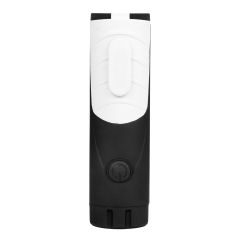 Full back view of the portable LED work light showcasing its slim white and black housing with a circular power button.