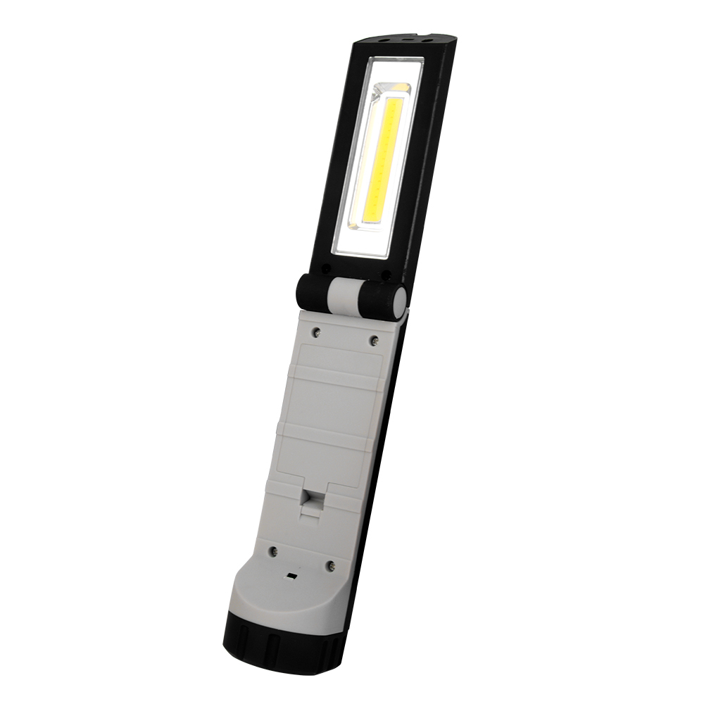 Full front view of the portable LED work light with its long white COB light panel facing forward.