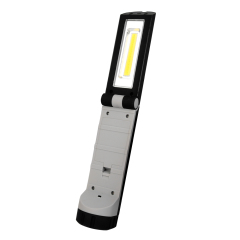 Full front view of the portable LED work light with its long white COB light panel facing forward.