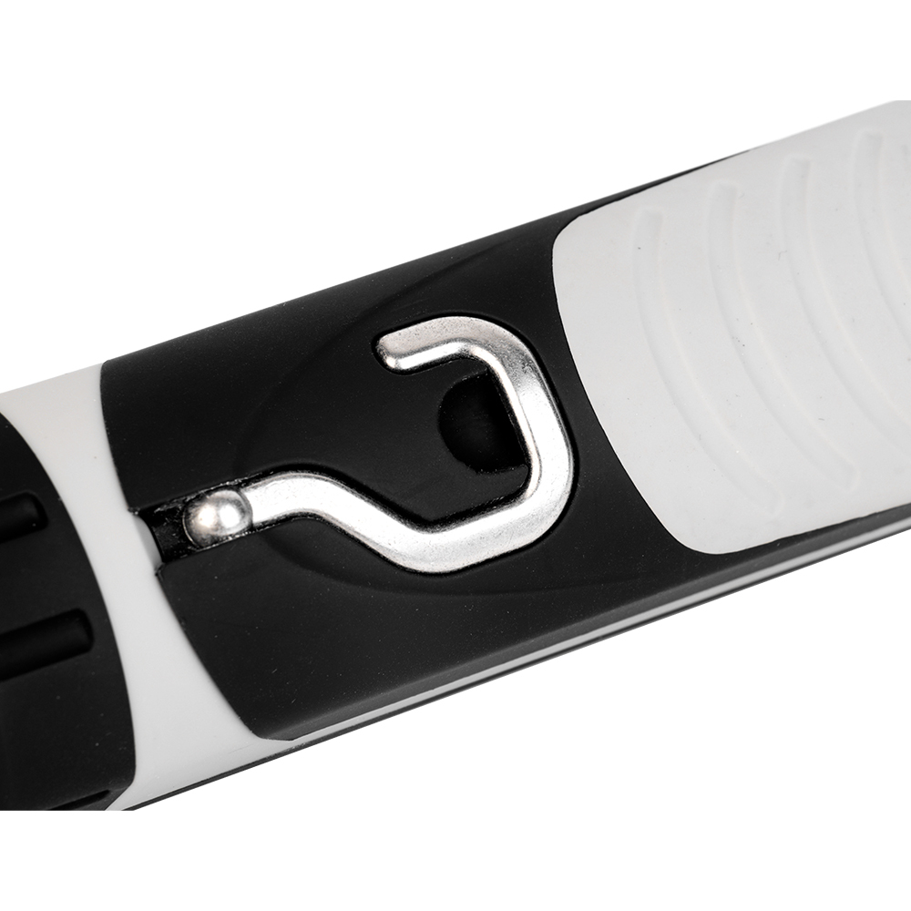 Detailed close-up view of the integrated metal hanging hook folded into the back housing of the portable LED work light.