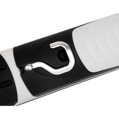 Detailed close-up view of the integrated metal hanging hook folded into the back housing of the portable LED work light.