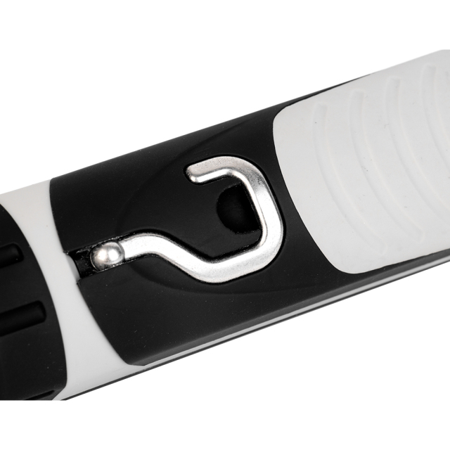 Detailed close-up view of the integrated metal hanging hook folded into the back housing of the portable LED work light.