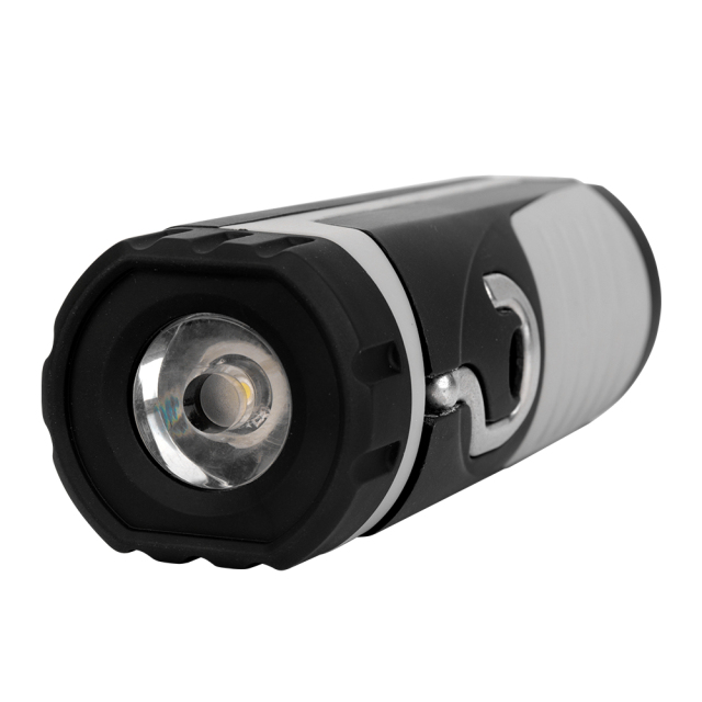 Close-up angle view of the top directional LED torch light source on the head of the portable work light.