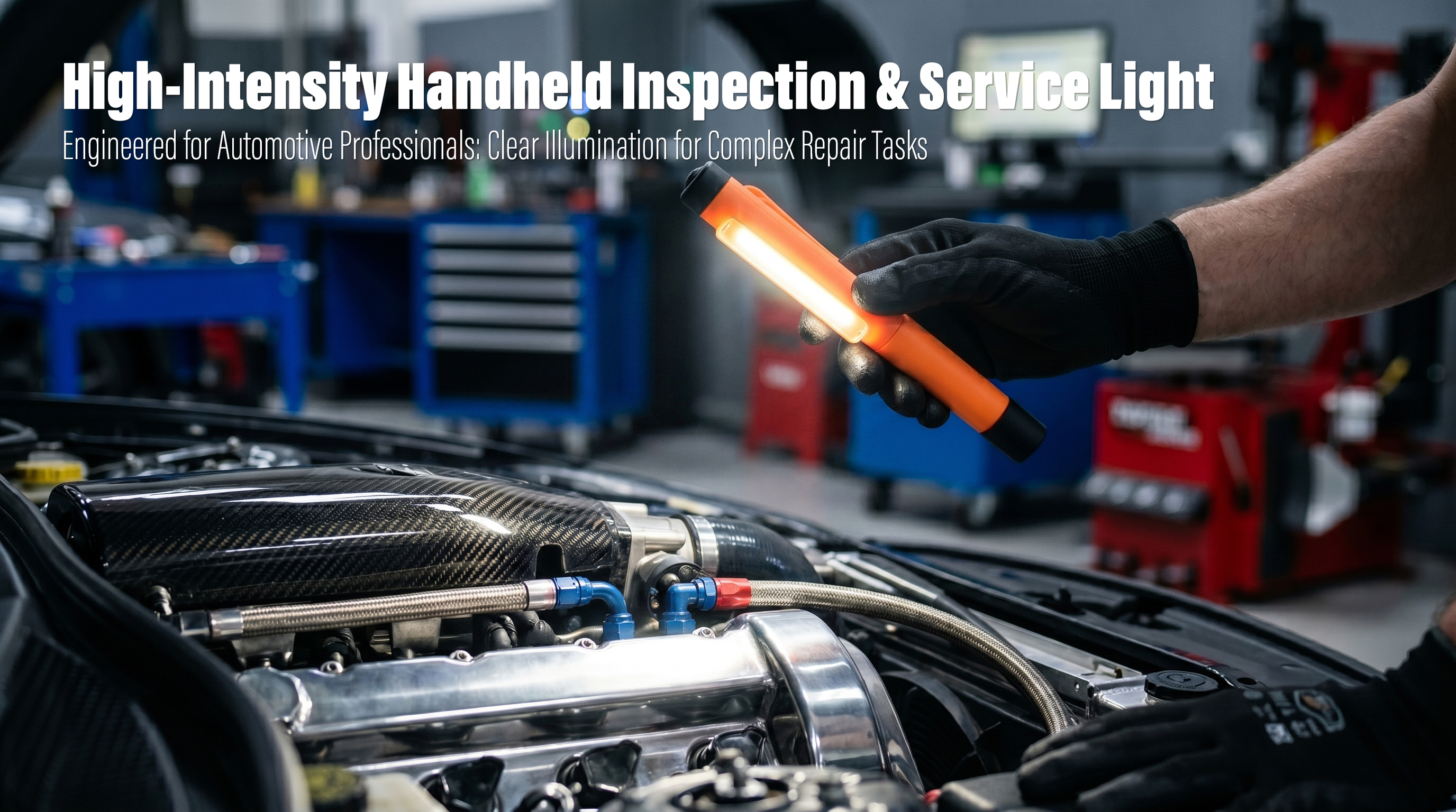A technician wearing black gloves uses a bright orange handheld LED work light to illuminate the complex, customized engine bay of a high-performance car in a professional garage.