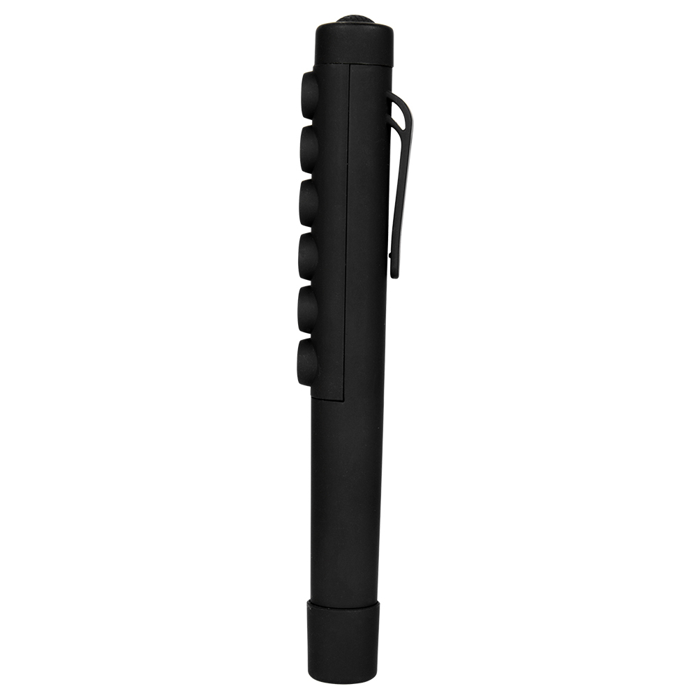 Side profile view of the black slim inspection lamp highlighting the integrated functional plastic pocket clip.
