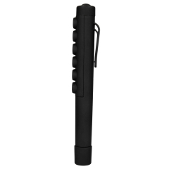Side profile view of the black slim inspection lamp highlighting the integrated functional plastic pocket clip.