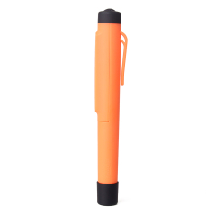 Full rear view of the orange slim inspection light displaying its smooth casing and matching orange molded pocket clip.