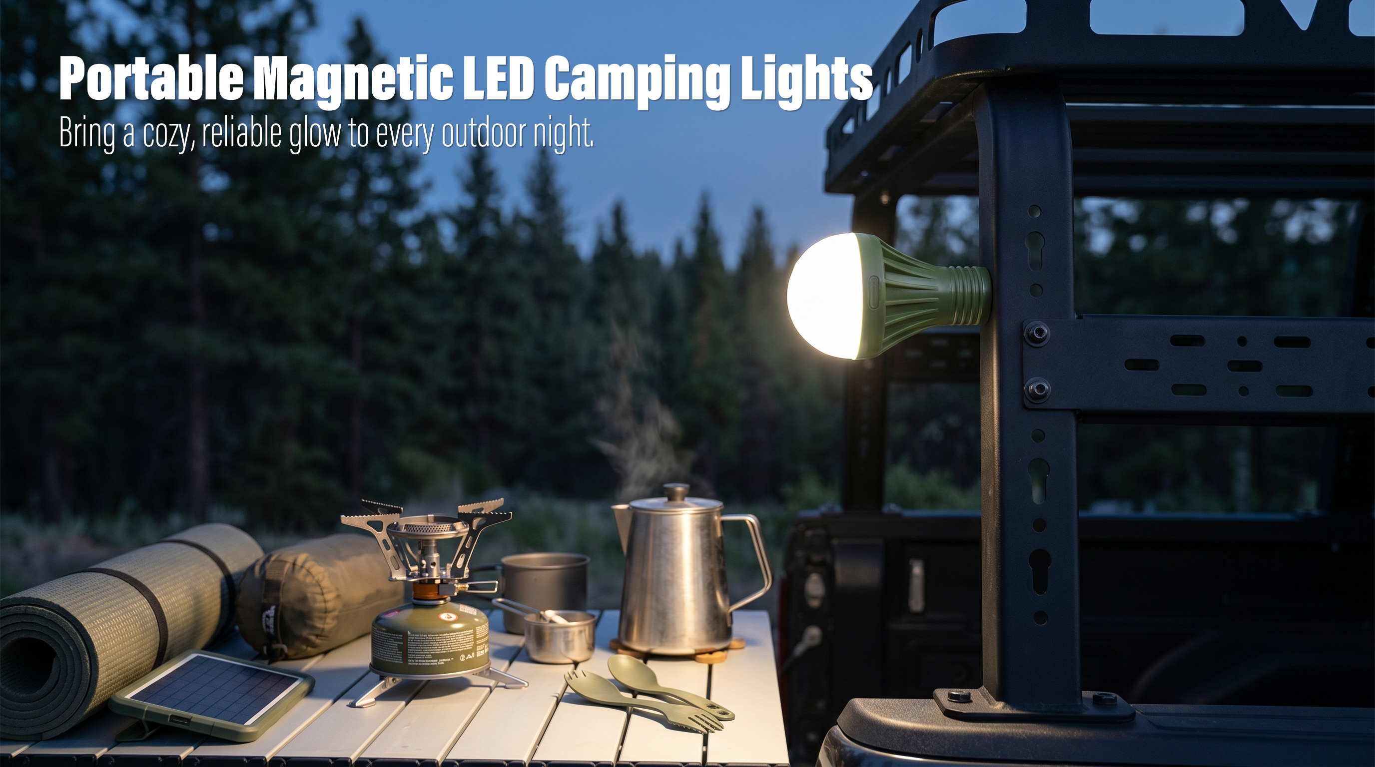 A green bulb-shaped LED camping light mounted on a black metal vehicle rack, illuminating an outdoor campsite table with cooking gear at dusk.