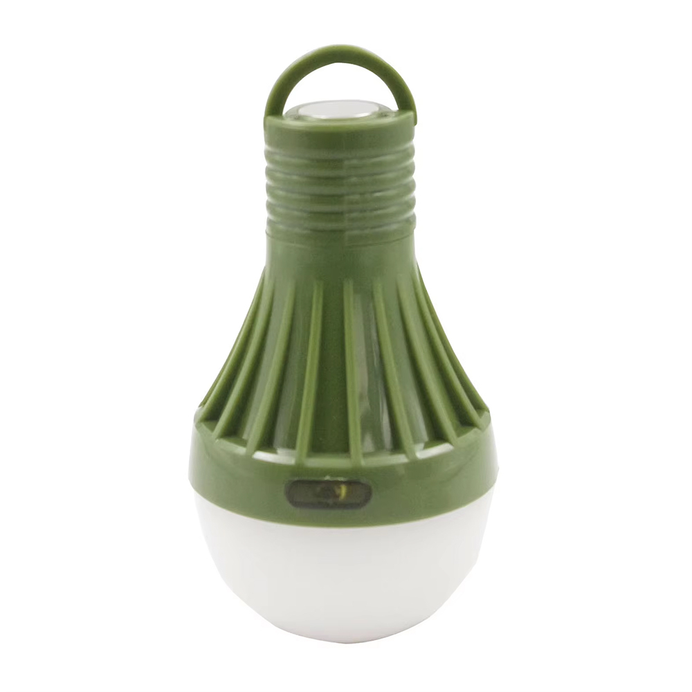 Vertical full view of the army green bulb-shaped LED camping light featuring a top hanging loop and a small power button.