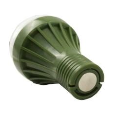 Close up bottom view of the army green plastic bulb light, highlighting the circular silver magnet embedded in the tail base.