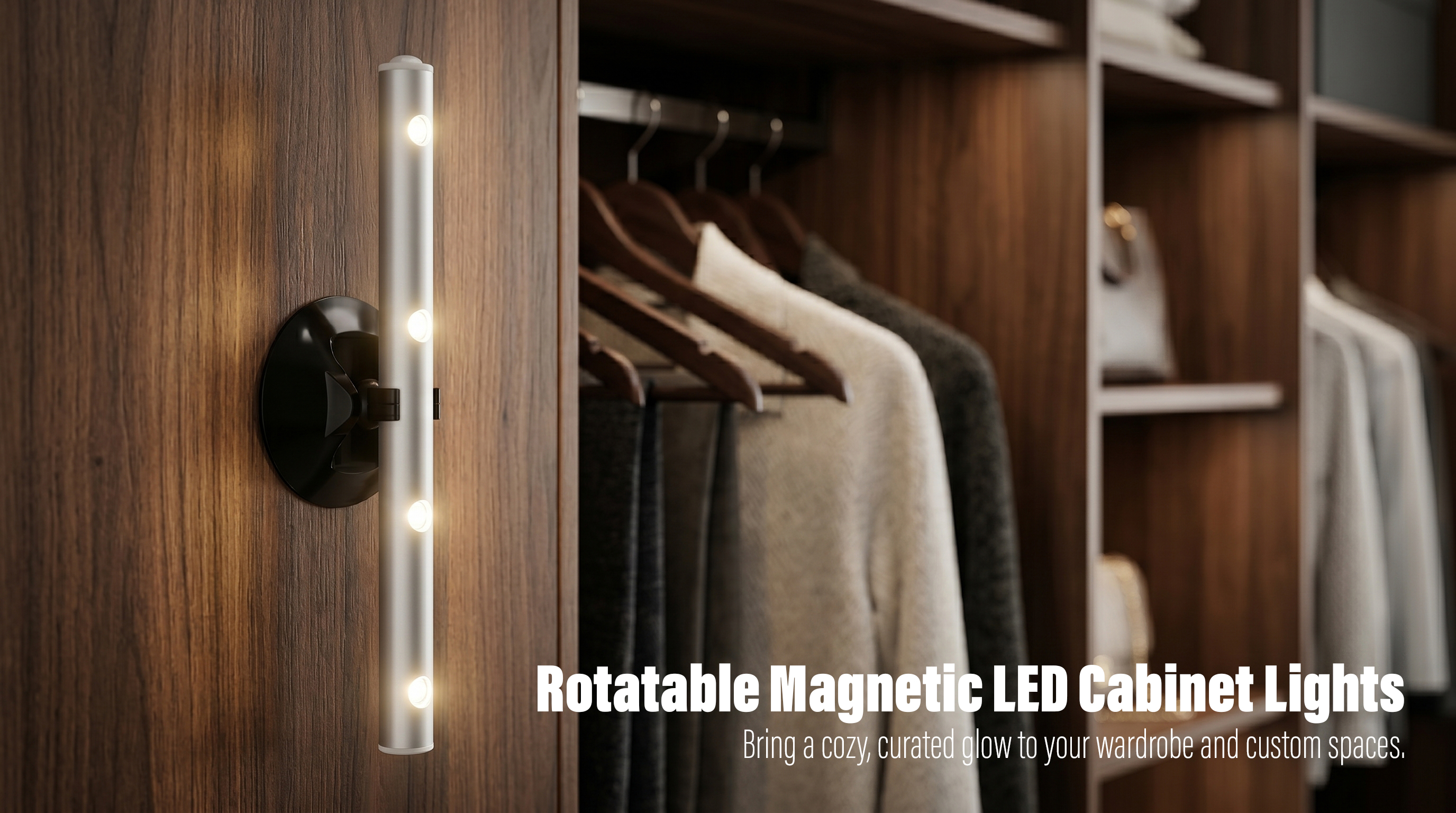 A sleek silver LED cabinet light bar with four circular light sources, mounted vertically on a dark wood wardrobe panel via a rotatable black magnetic base.