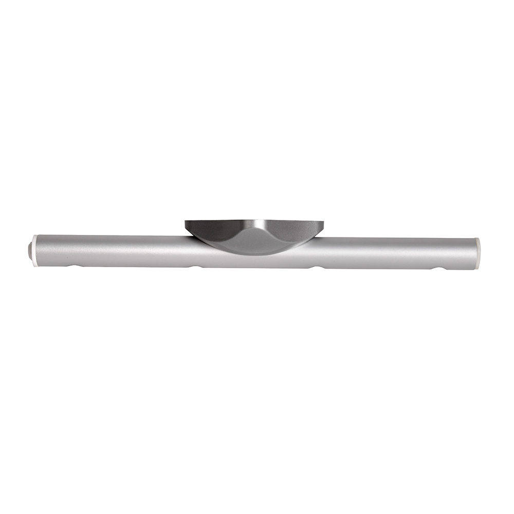 Full horizontal view of the silver LED light bar clipped horizontally into its metallic mounting base.