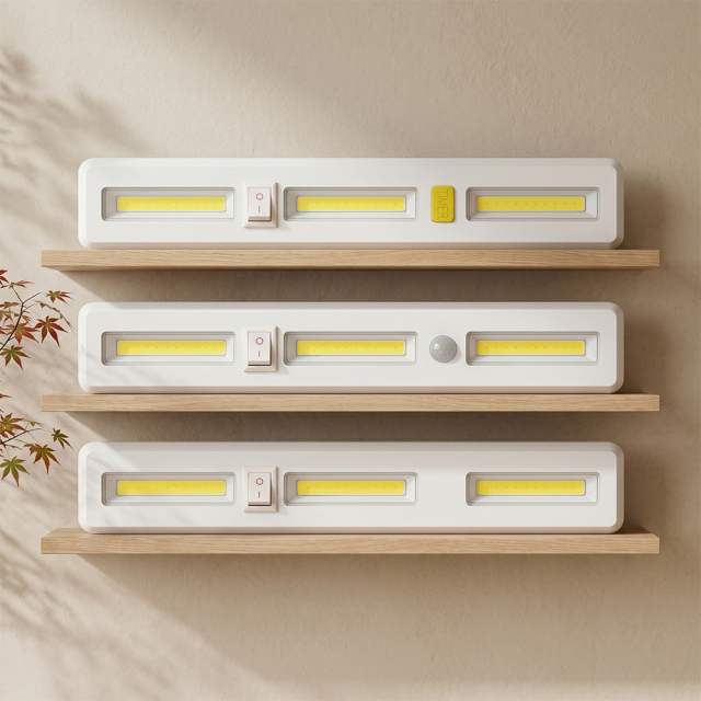 Three white rectangular COB LED light bars stacked horizontally on wooden display shelves, showing the timer, motion sensor, and standard models.