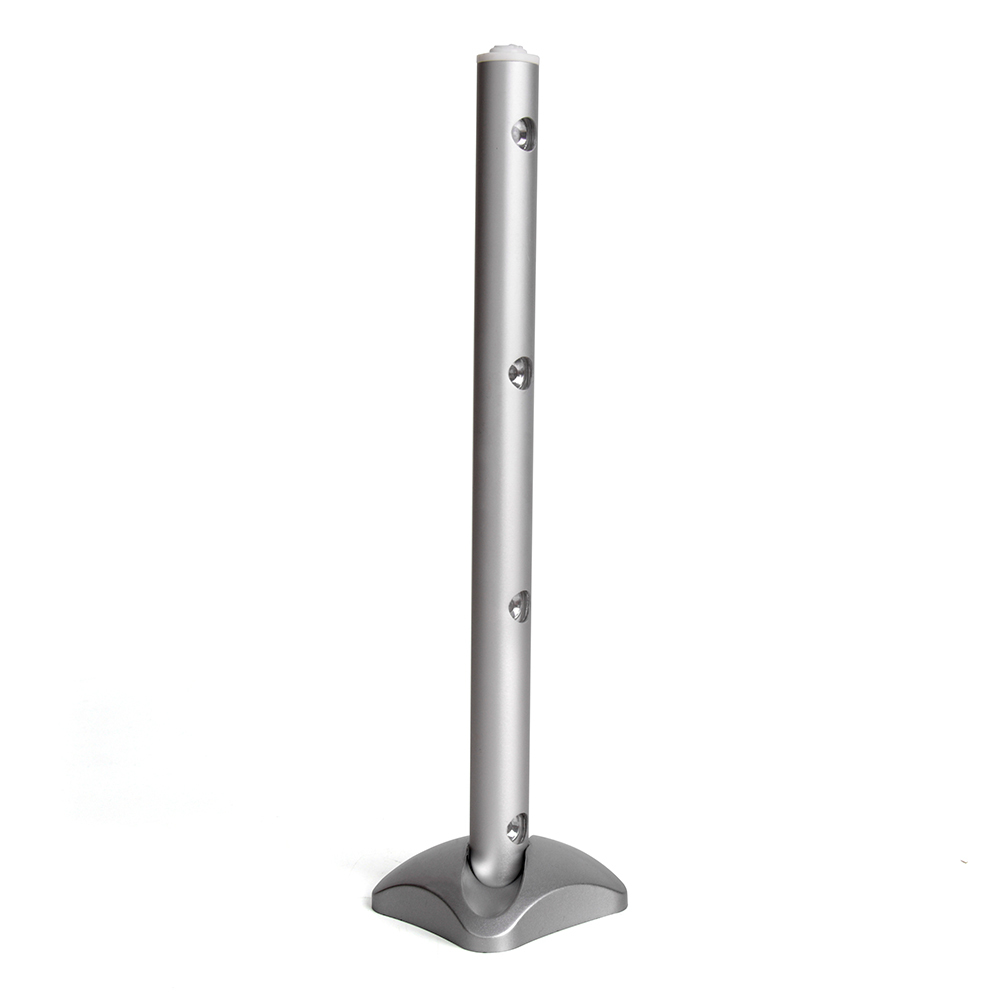 Full vertical view of the silver LED cabinet light bar with a square base on a plain white background.