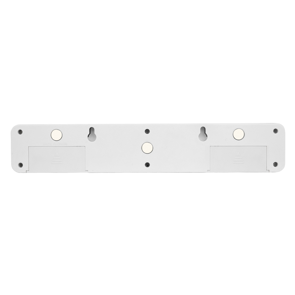 Rear view of the white plastic night light bar on a white background, highlighting two keyhole hanging slots and a central circular magnet.