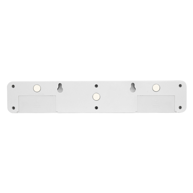 Rear view of the white plastic night light bar on a white background, highlighting two keyhole hanging slots and a central circular magnet.