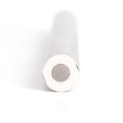 Close up top-down end view of the slender silver LED light bar casing on a white background.