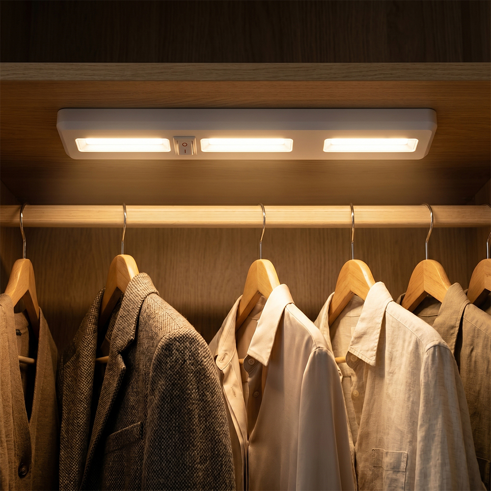 A wireless COB LED light bar installed under a shelf inside a dark wardrobe, brightly illuminating coats and shirts hanging below.