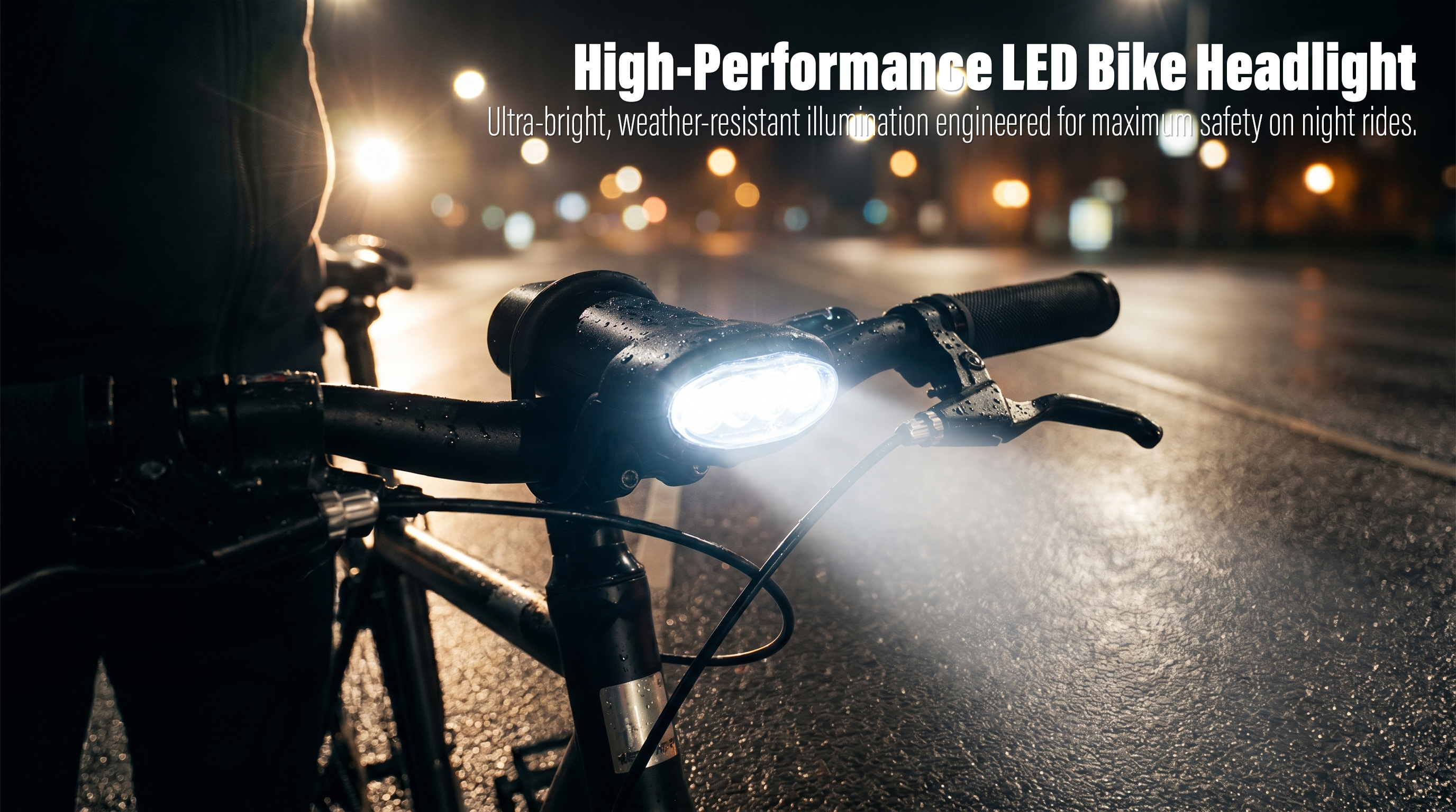 Close-up perspective from the rider on a bicycle at night, showing an integrated four-LED front light actively casting a powerful beam on a rain-slicked wet asphalt street with blurred city street lights in the background.