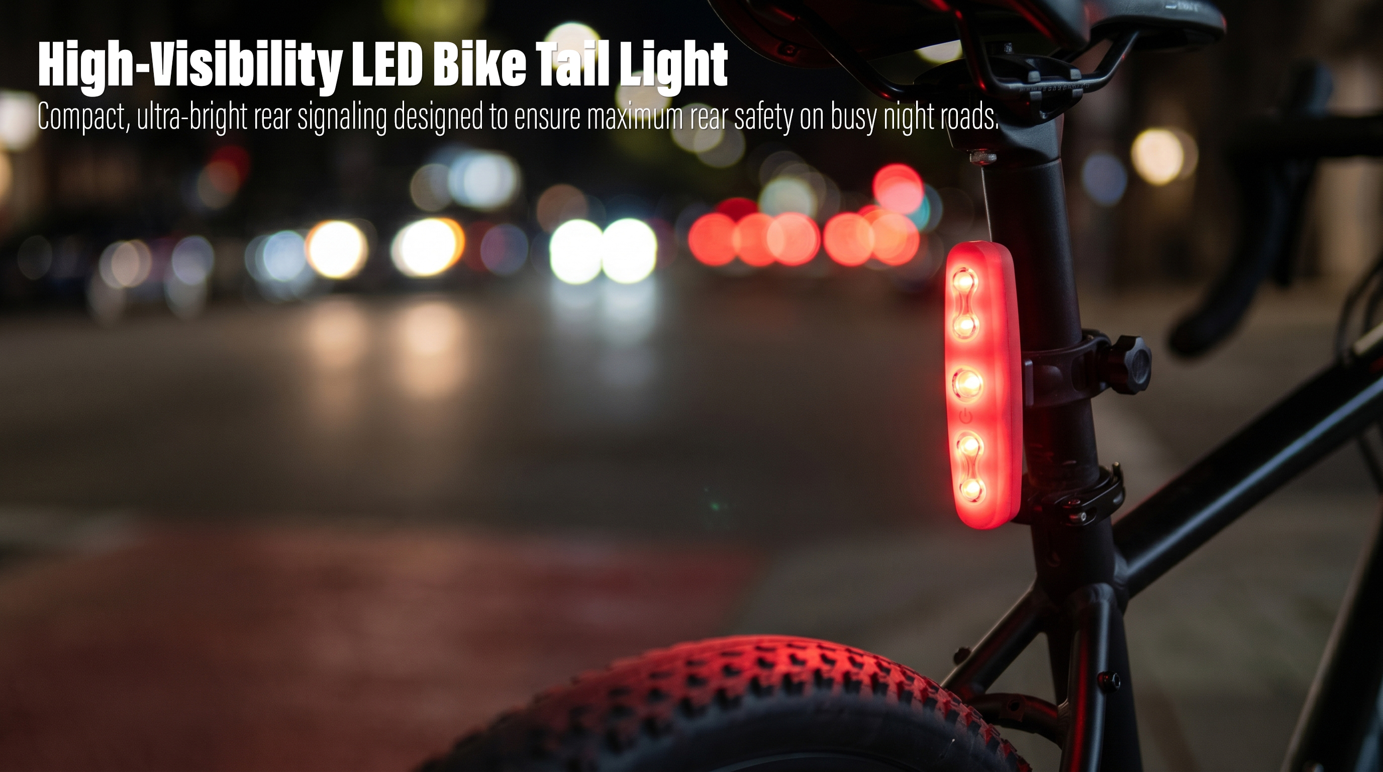 A close-up view of a red vertical LED tail light mounted on a bicycle seat post at night, glowing brightly against a blurry background of city street traffic lights and car bokeh.