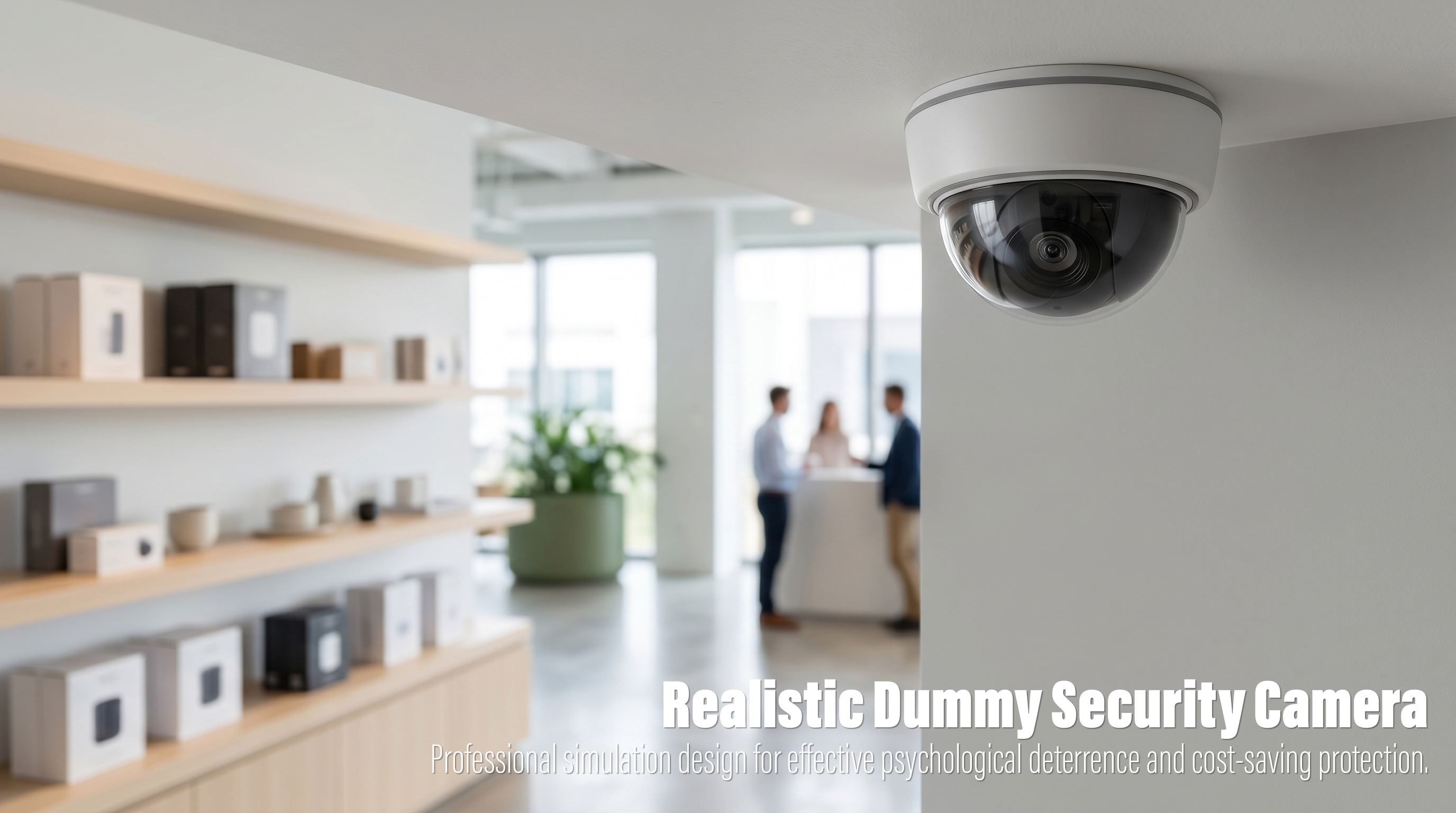 A sharp, close-up of a professional dummy security camera with a realistic dark glass dome and white housing, mounted on a corner wall inside a modern blurred commercial showroom or retail space.