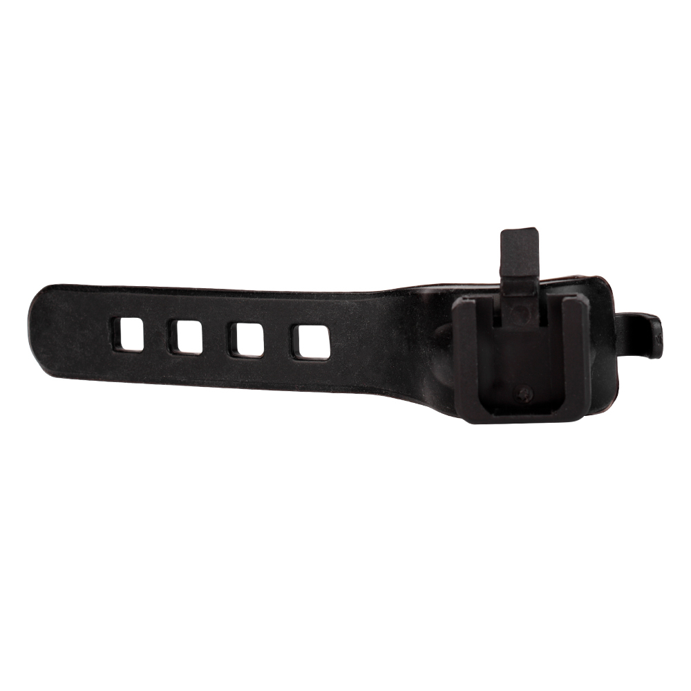 Close up of the detached black plastic mounting accessory, featuring a multi-hole adjustable strap and bracket head.