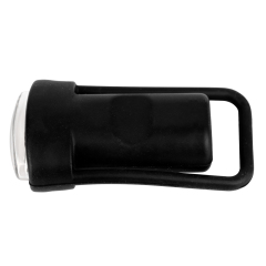 Side profile view of the sleek black silicone bicycle safety light showcasing its streamlined shape and flexible rubber strap.