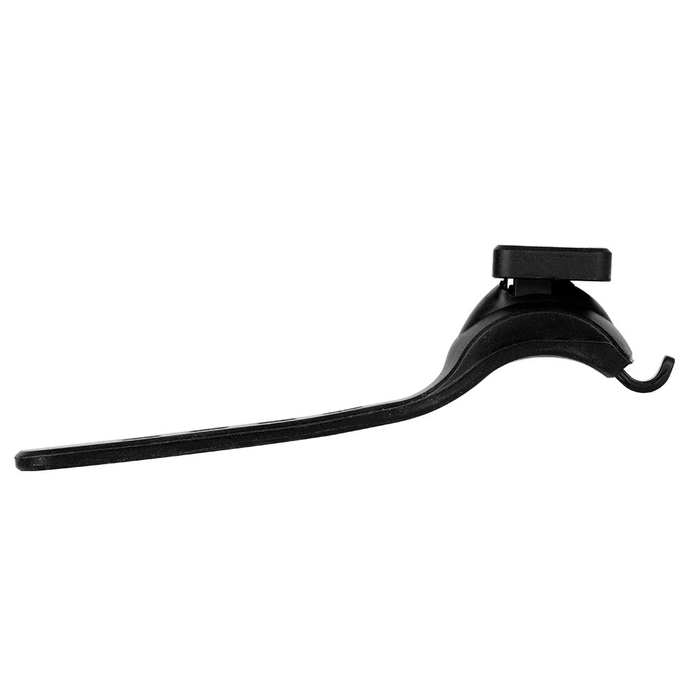 Side view of an isolated black flexible rubber mounting strap with an integrated attachment hook on a white background.