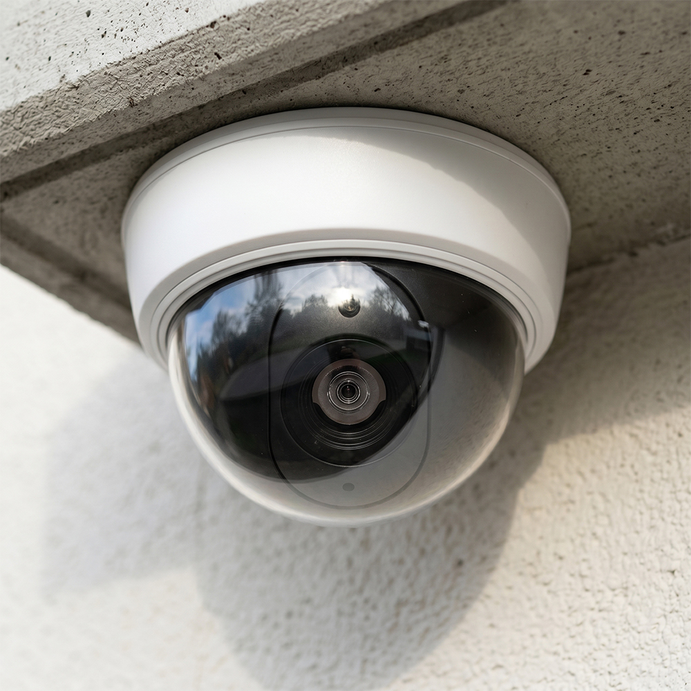 A realistic white and black dummy dome security camera installed under a concrete ceiling on an outdoor textured white wall.