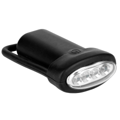 Full view of the compact black silicone bicycle light with four transparent LED bulbs and an attached mounting loop on a white background.