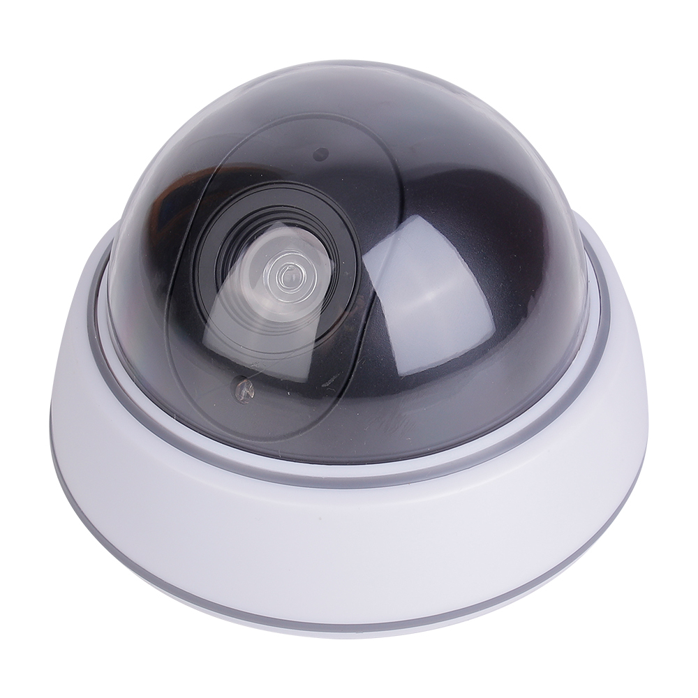 Side perspective view of the dome-shaped fake security camera showing the curved profile of the dark transparent shield and plastic casing on a white background.