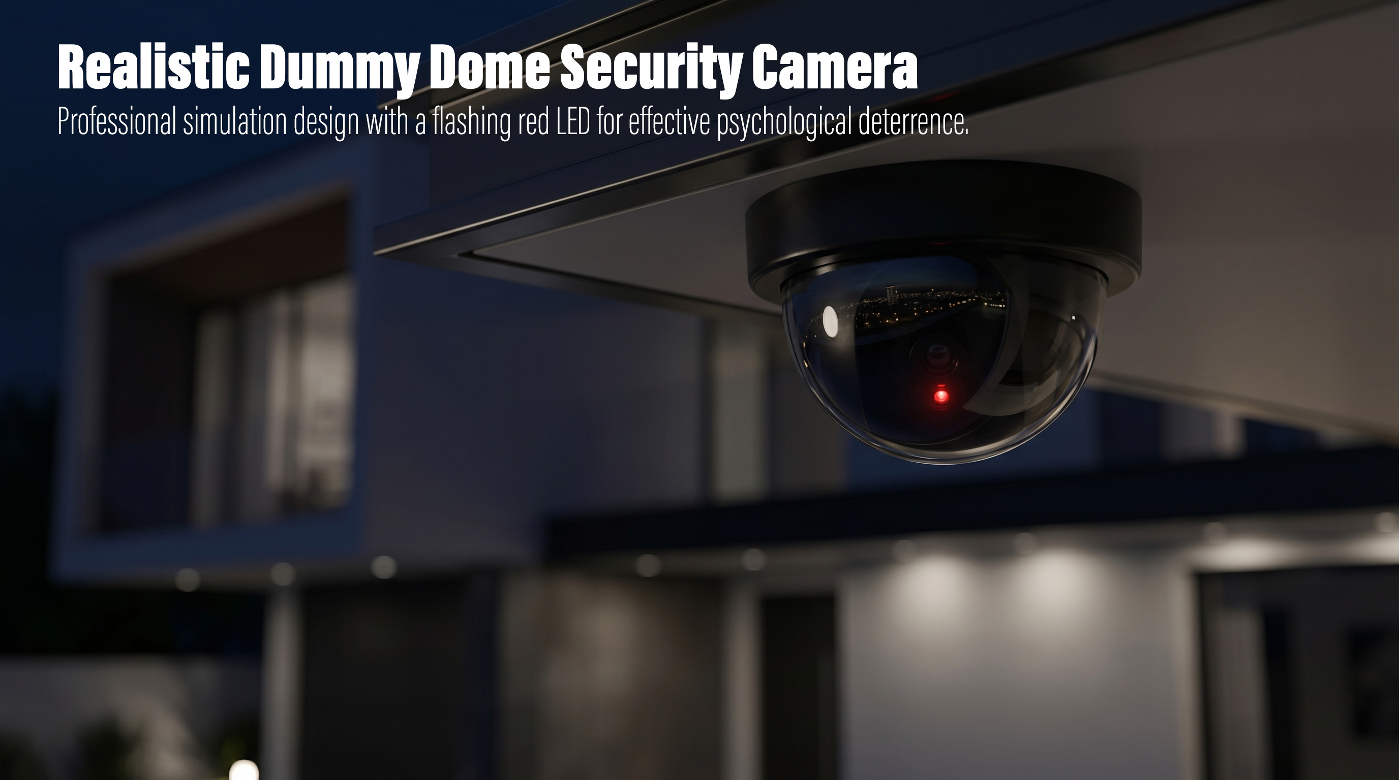 A close-up of a black dummy dome security camera mounted under a dark roof eave at night, showing a single glowing red LED indicator light inside the transparent dome with a modern blurred house in the background.