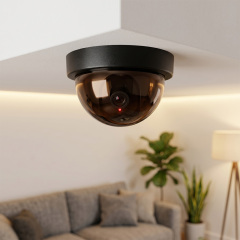 A realistic black dummy dome security camera installed on a white indoor ceiling with a blurred modern living room background including a gray sofa and a plant.