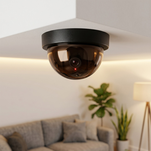 A realistic black dummy dome security camera installed on a white indoor ceiling with a blurred modern living room background including a gray sofa and a plant.