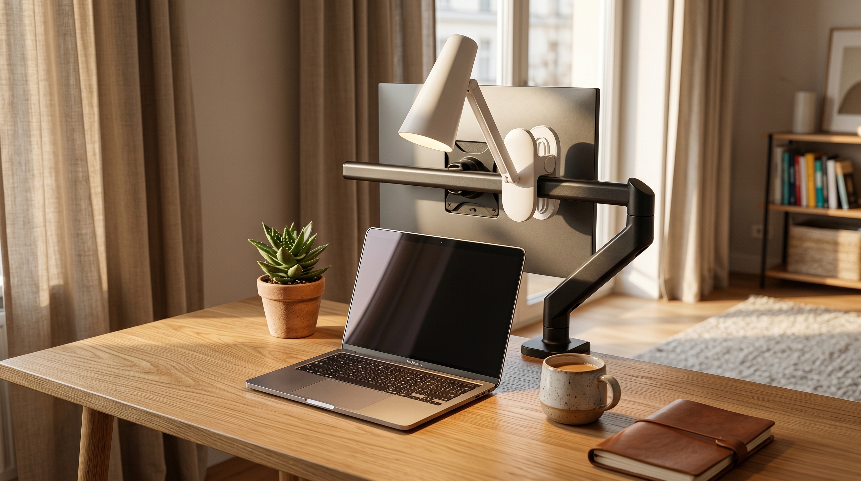 A white minimalist clip-on desk lamp attached to a monitor arm in a cozy Scandinavian home office setup with a laptop, succulent plant, and coffee mug.