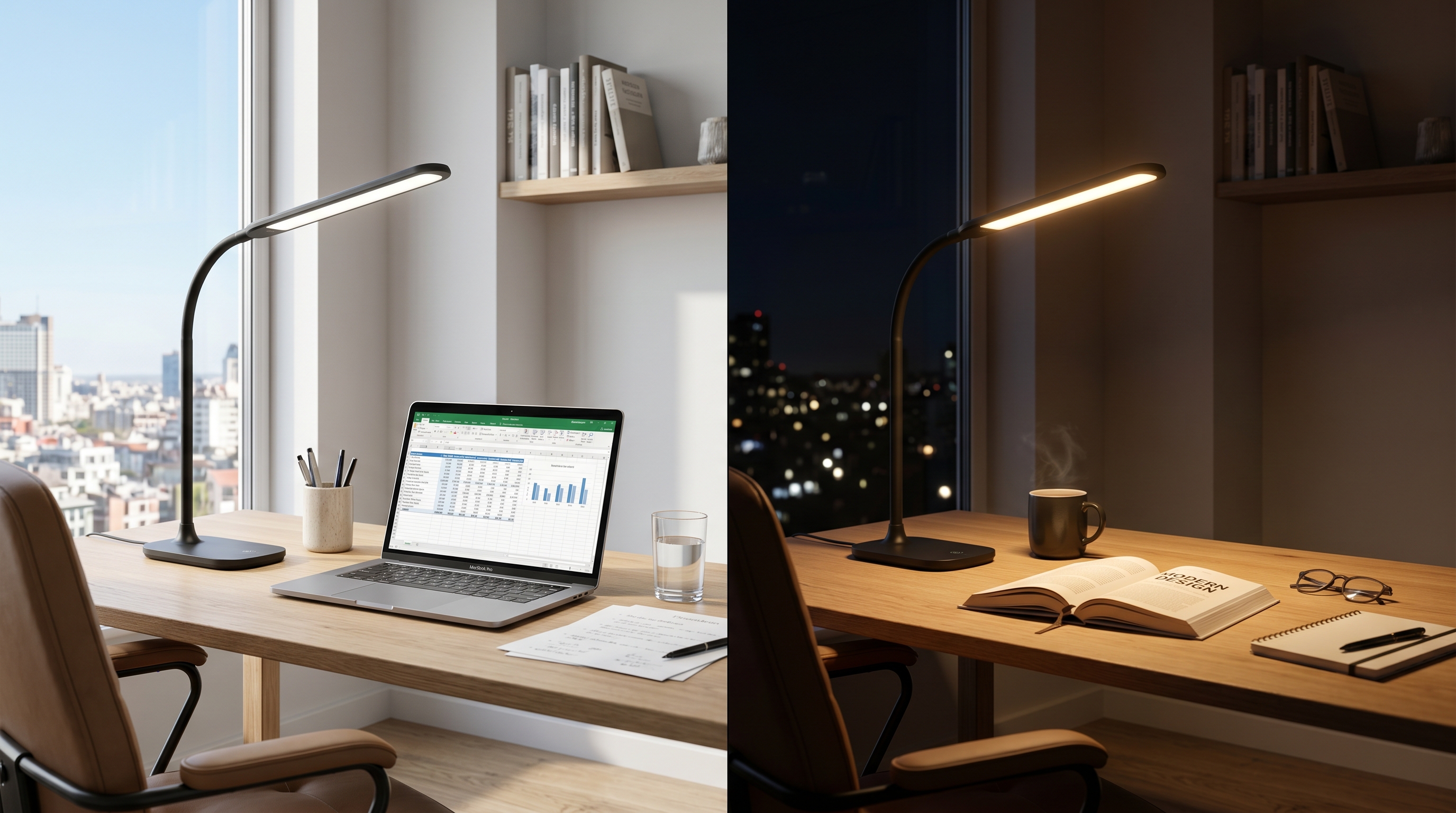 A split-screen comparison of the same black LED desk lamp, showing a bright cool white light for daytime office work on the left and a warm dim yellow light for nighttime reading on the right.