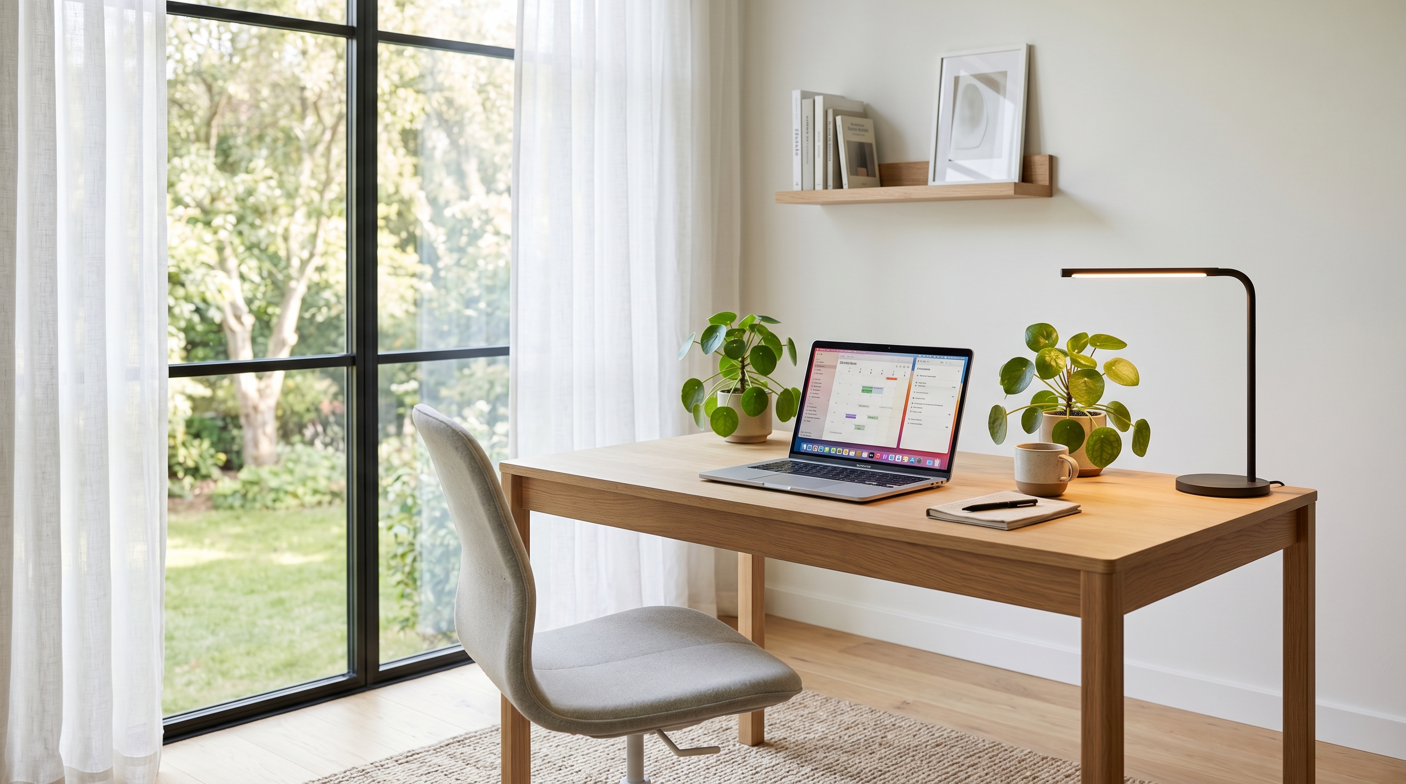 Modern minimalist home office workspace with a premium desk lamp on a wooden desk, next to a laptop and green potted plants by a large window.