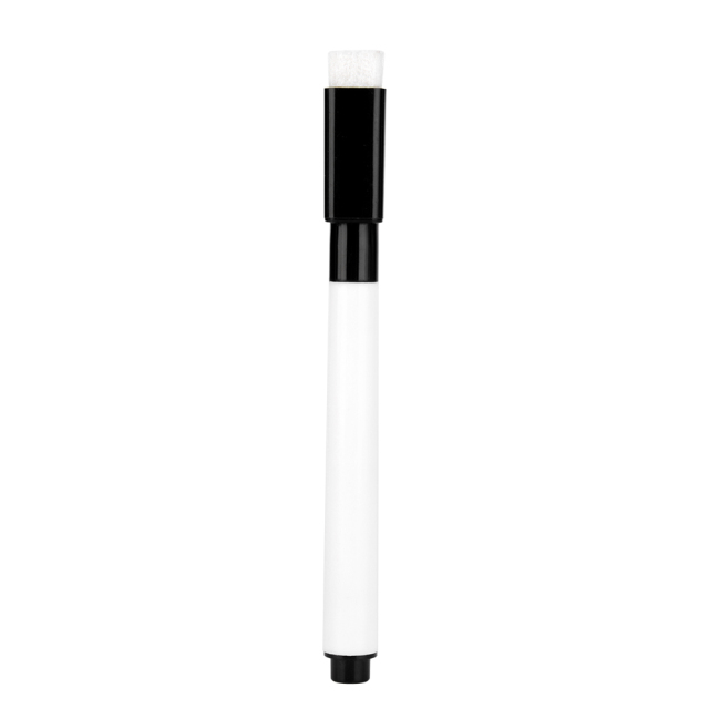 Close-up studio shot of a single white erasable wipe pen with a black cap on a seamless white background.