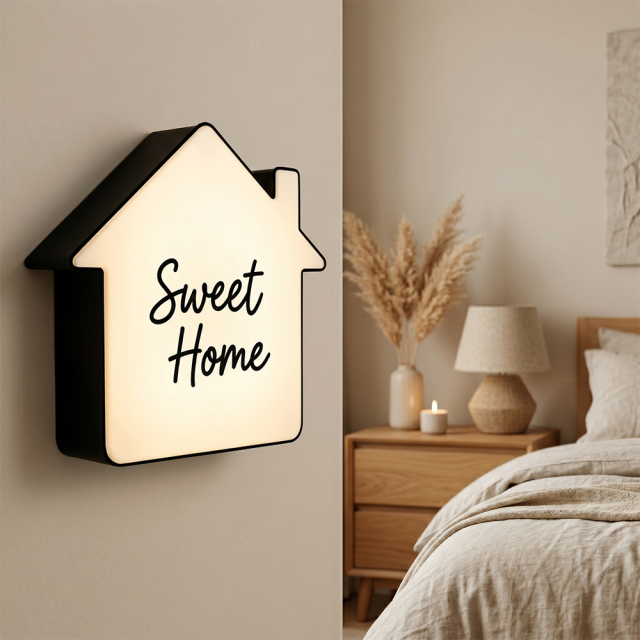 A glowing house-shaped LED light box with handwritten text Sweet Home, mounted on a neutral wall next to a cozy bed and bedside lamp.