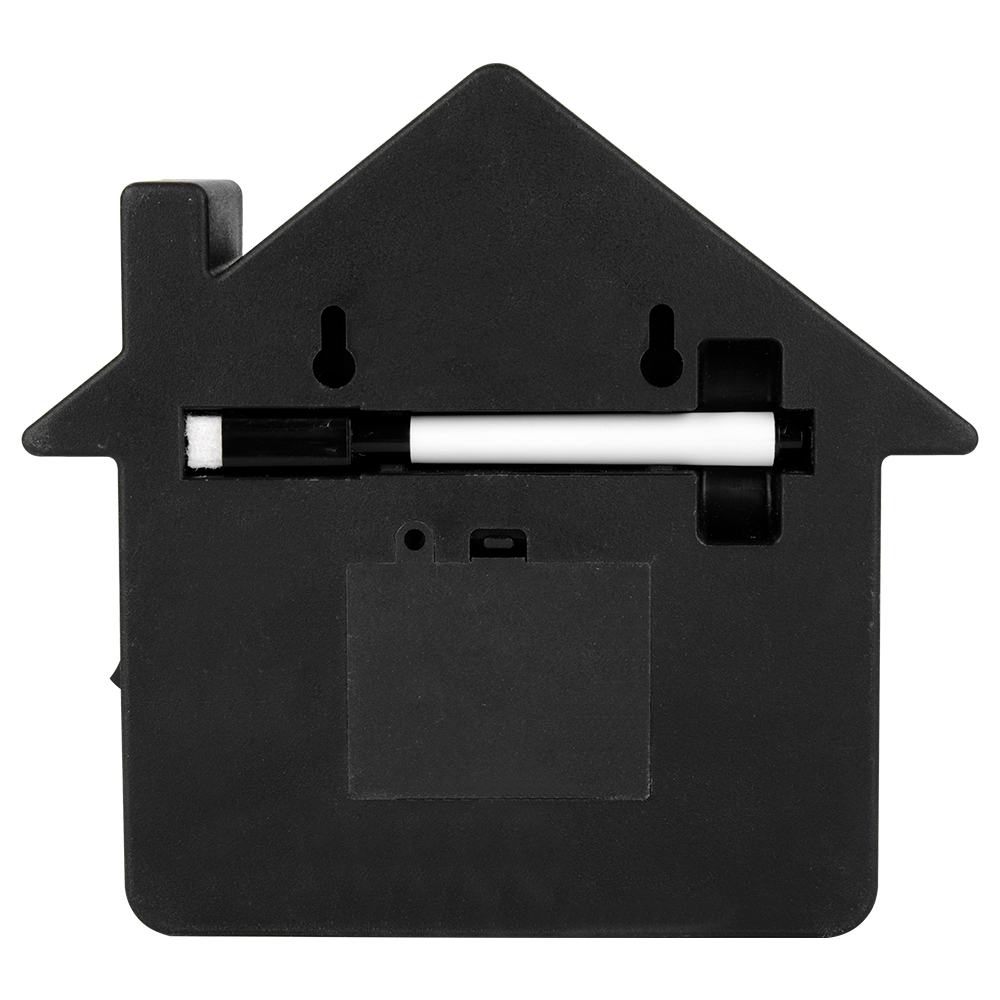 Rear view of the black plastic back panel, showing two wall-mounting keyholes, a battery compartment cover, and a built-in horizontal slot holding a white pen.
