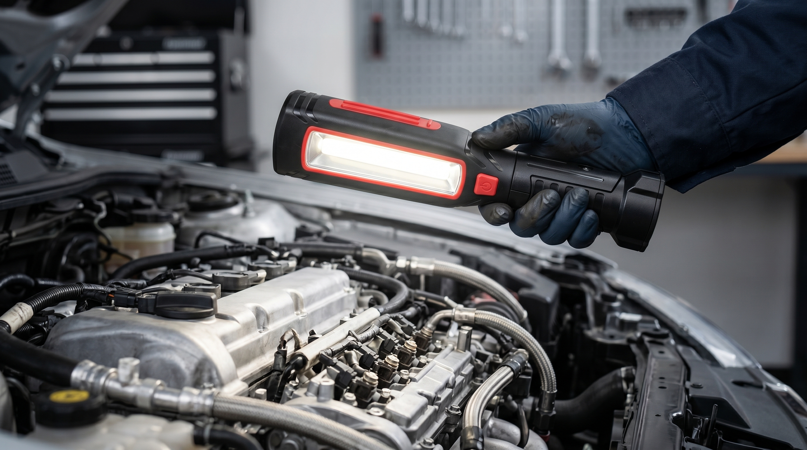 A close-up photograph of a mechanic&rsquo;s hand in a blue nitrile glove holding a glowing black and red COB LED work light over a complex car engine bay in a professional workshop, with a blurry toolbox and tools in the background.
