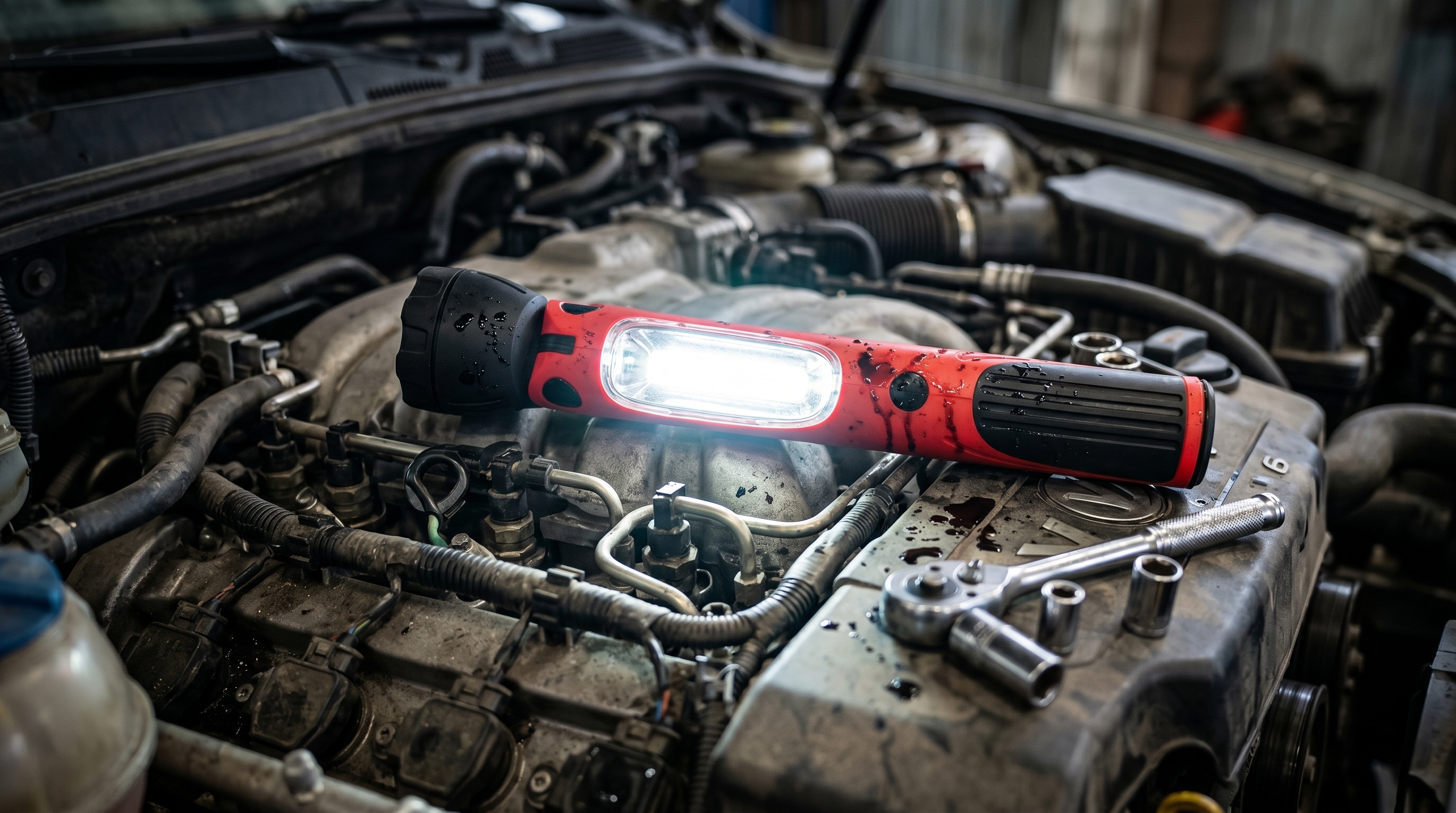 A red and black handheld LED work light resting horizontally on a car engine, emitting bright white light with dark oil stains smeared on its surface, placed next to a metal socket wrench and oily sockets.