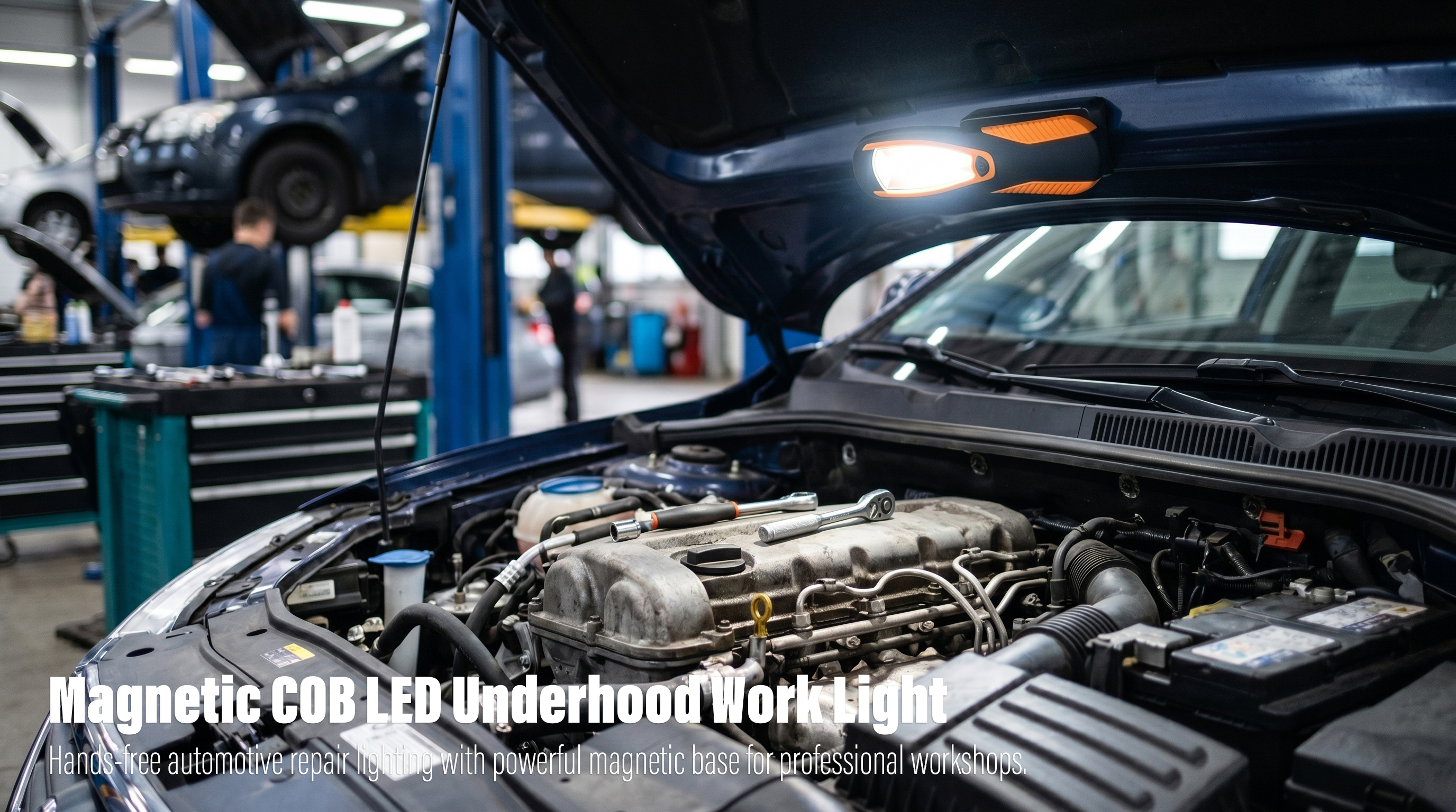 An orange and black magnetic COB LED work light mounted to the underside of an open car hood, illuminating the engine bay inside a busy auto repair shop with mechanics and vehicle lifts in the background.