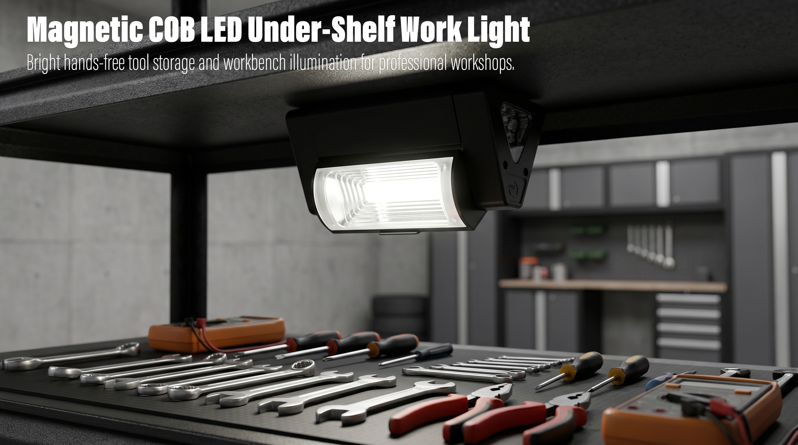 A low-angle horizontal photograph of a black magnetic COB LED work light attached underneath a metal shelf, illuminating a neatly organized workbench covered with wrenches, screwdrivers, pliers, and digital multimeters in a modern industrial garage.