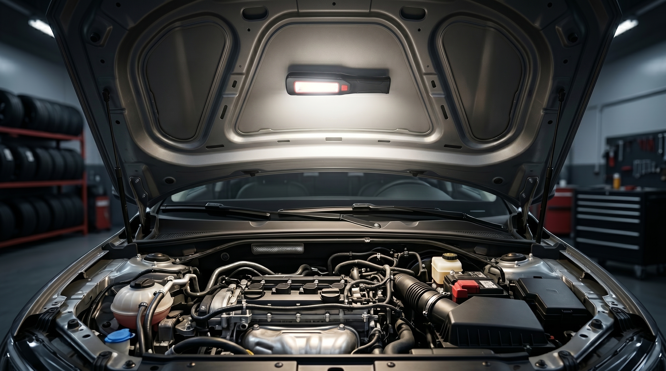 A portable magnetic COB LED work light attached to the underside of an open car hood, illuminating the entire vehicle engine bay in an auto repair shop with tires and a tool chest in the background.