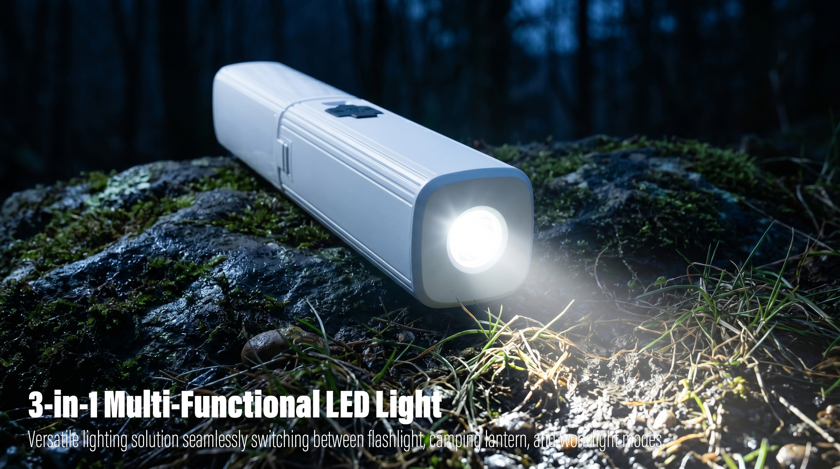 A cinematic horizontal shot of a sleek white multi-functional LED light resting on a mossy rock outdoors at night, emitting a bright white flashlight beam onto the damp ground and grass.