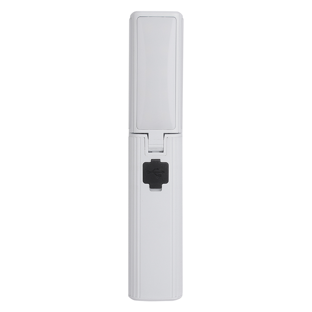 A front studio shot of the white multi-functional LED light completely folded into a compact rectangular stick shape on a solid white background.